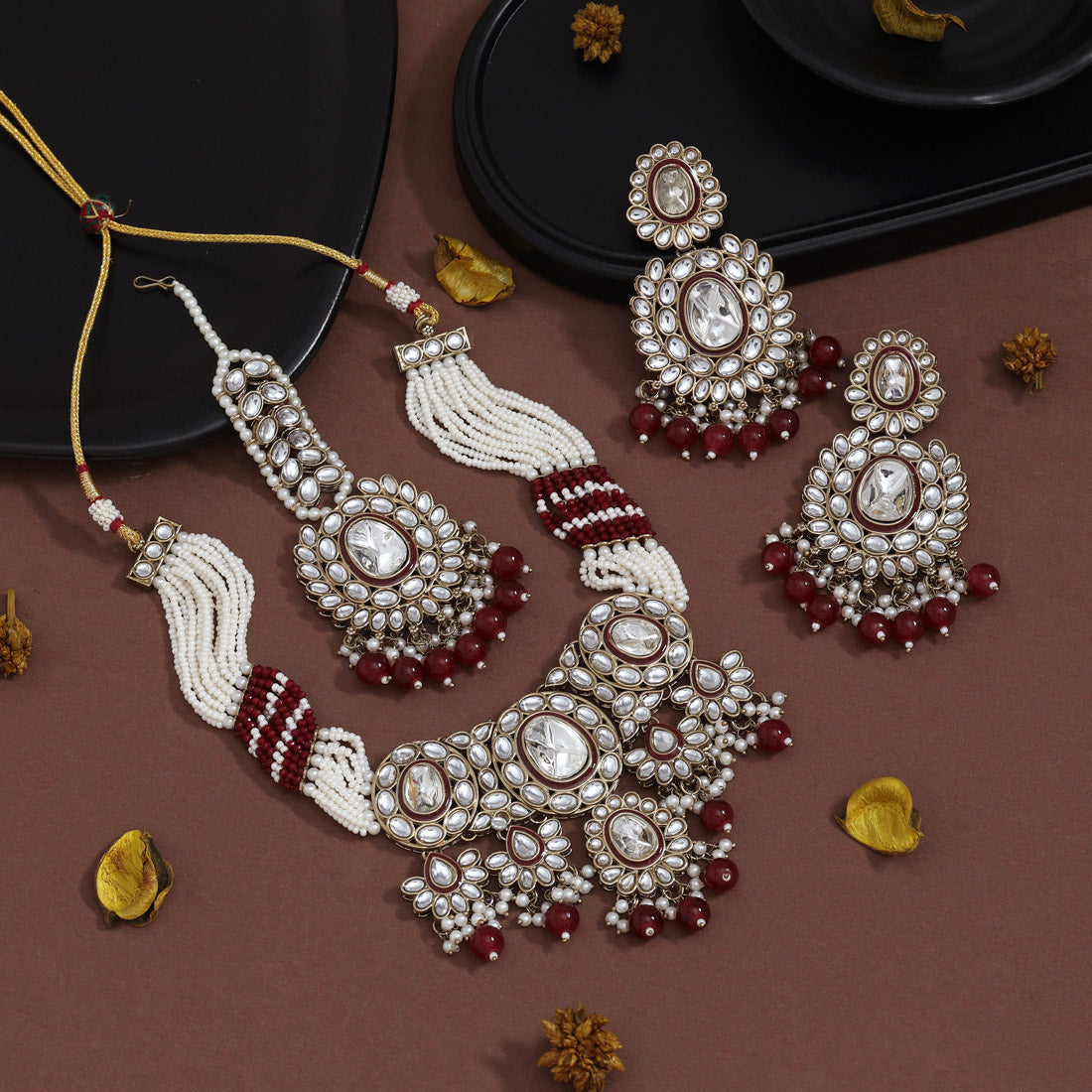 Wine-Toned Maroon Color Kundan Necklace Set