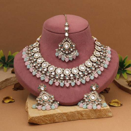 Dual-Tone Pink & Sky Blue Color Kundan Necklace Set