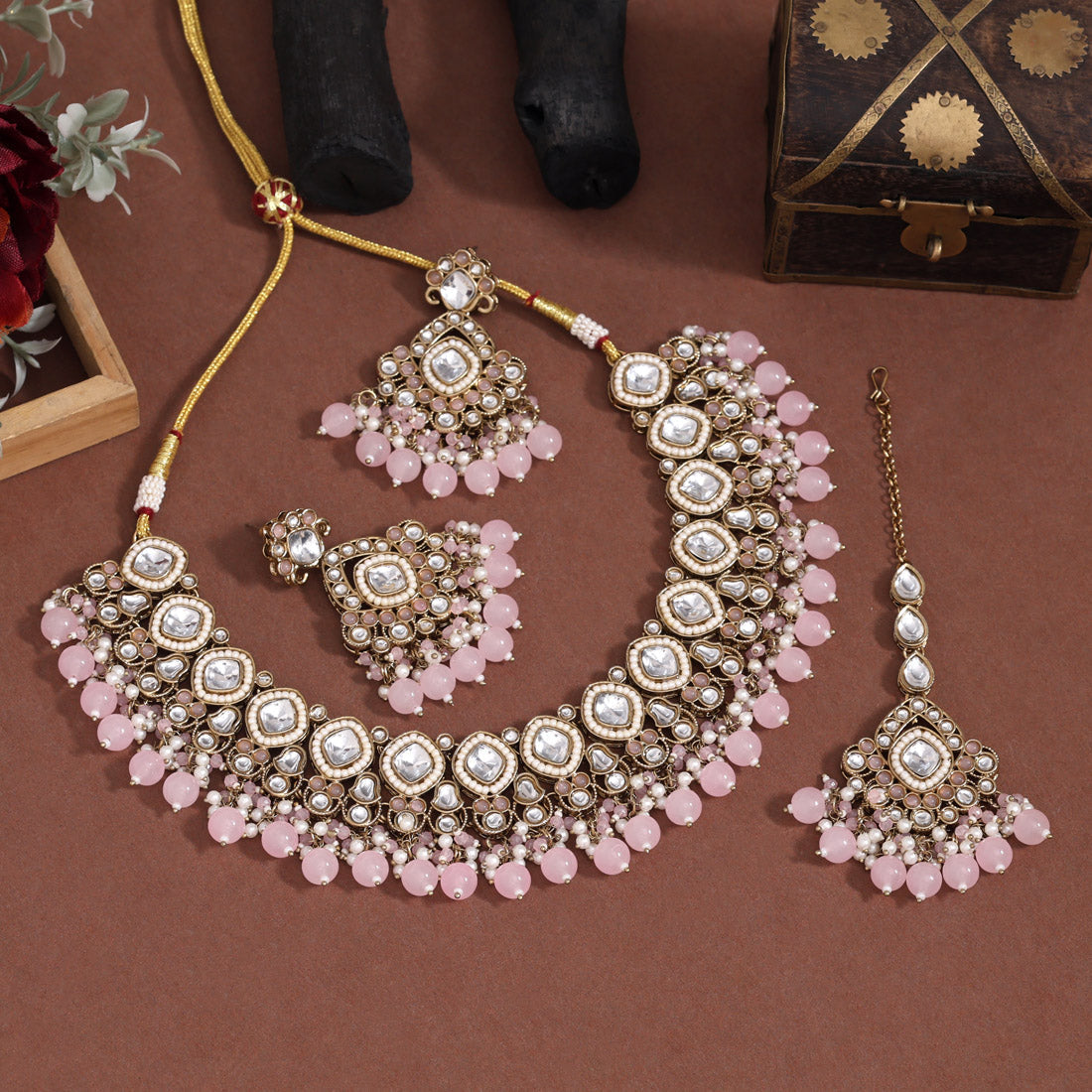 Blush Pink Color Kundan Necklace Set