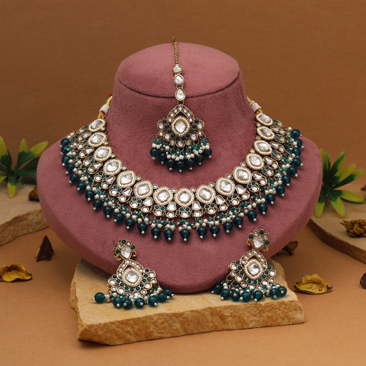 Elegant Turquoise Blue Color Kundan Necklace Set