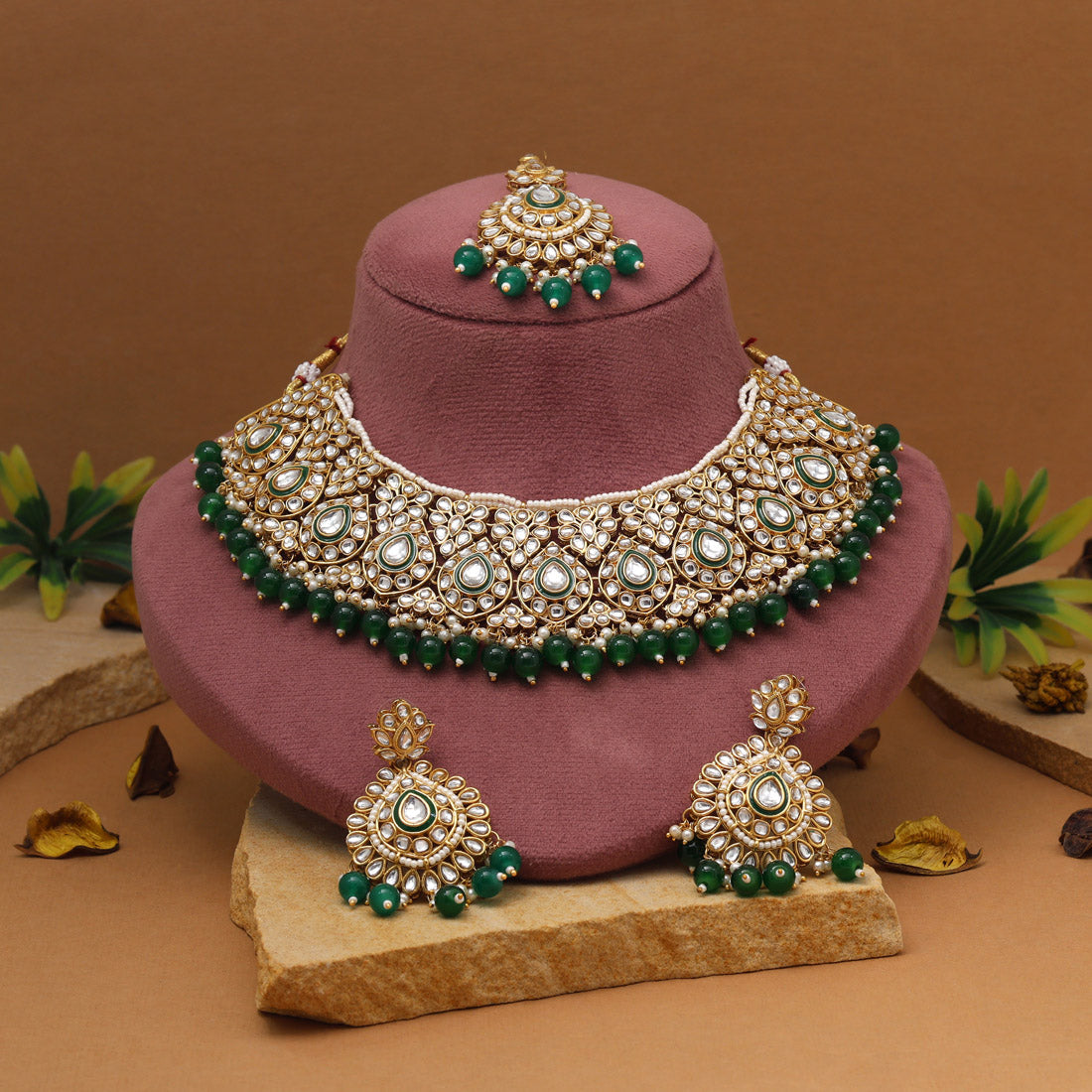 Meadow Green Color Kundan Necklace Set