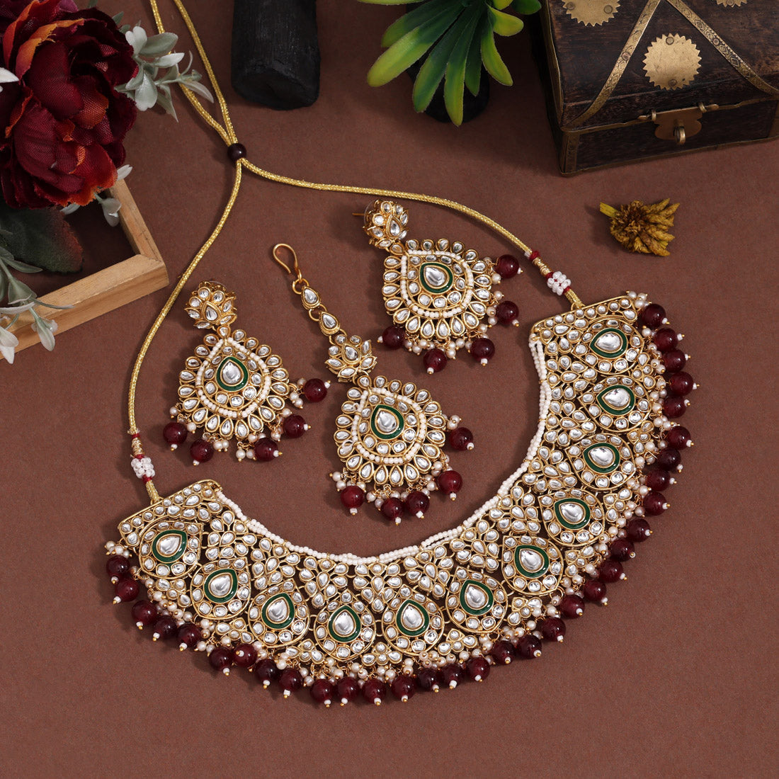 Deep Maroon Color Kundan Necklace Set