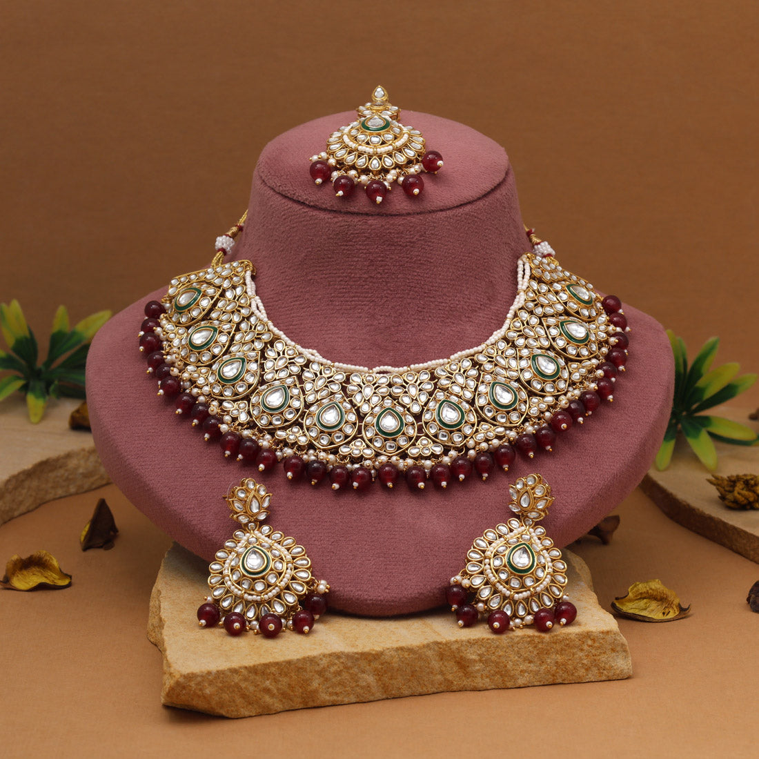 Deep Maroon Color Kundan Necklace Set