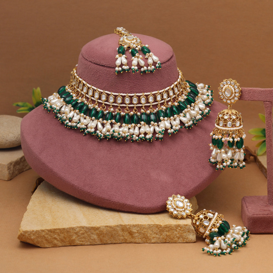 Natural Green Color Kundan Necklace Set