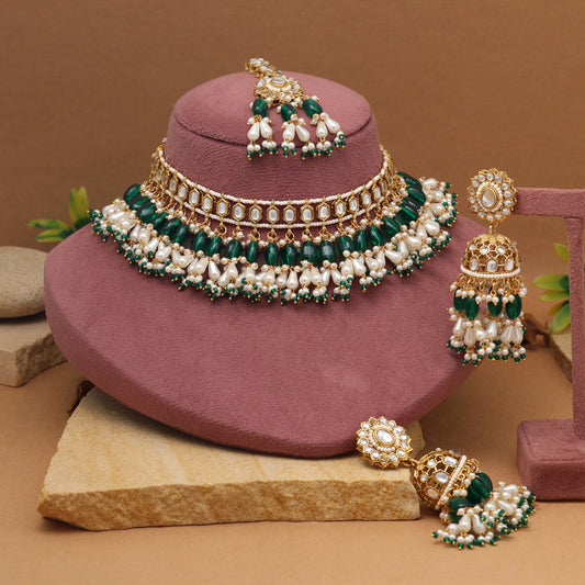 Natural Green Color Kundan Necklace Set