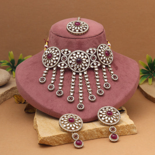 Bold Magenta Color Choker Kundan Necklace Set