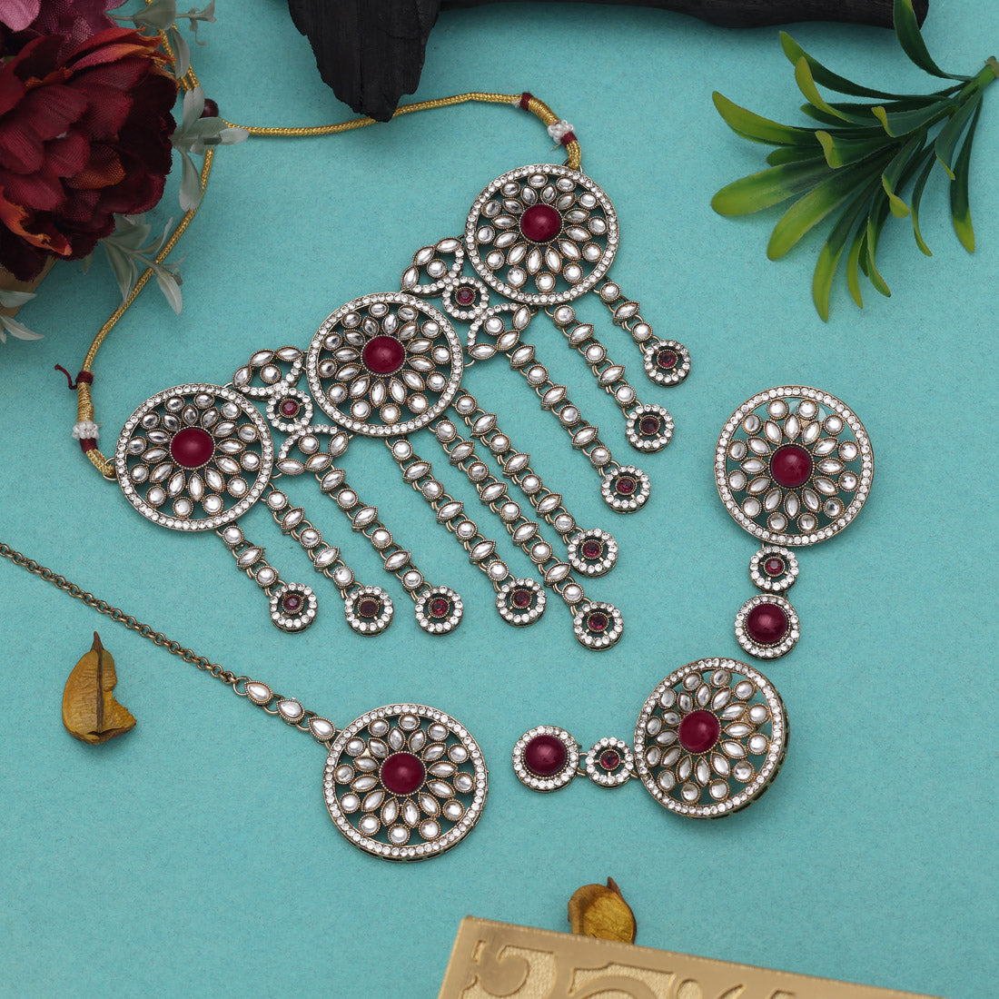 Bold Magenta Color Choker Kundan Necklace Set