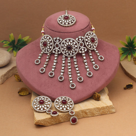 Wine Maroon Color Choker Kundan Necklace Set