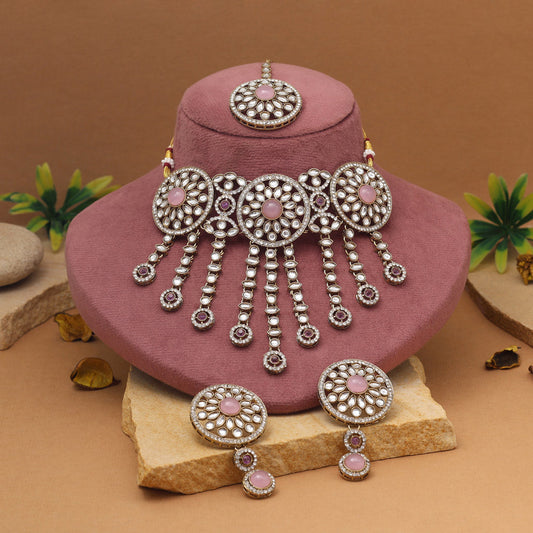 Sweet Pink Color Choker Kundan Necklace Set