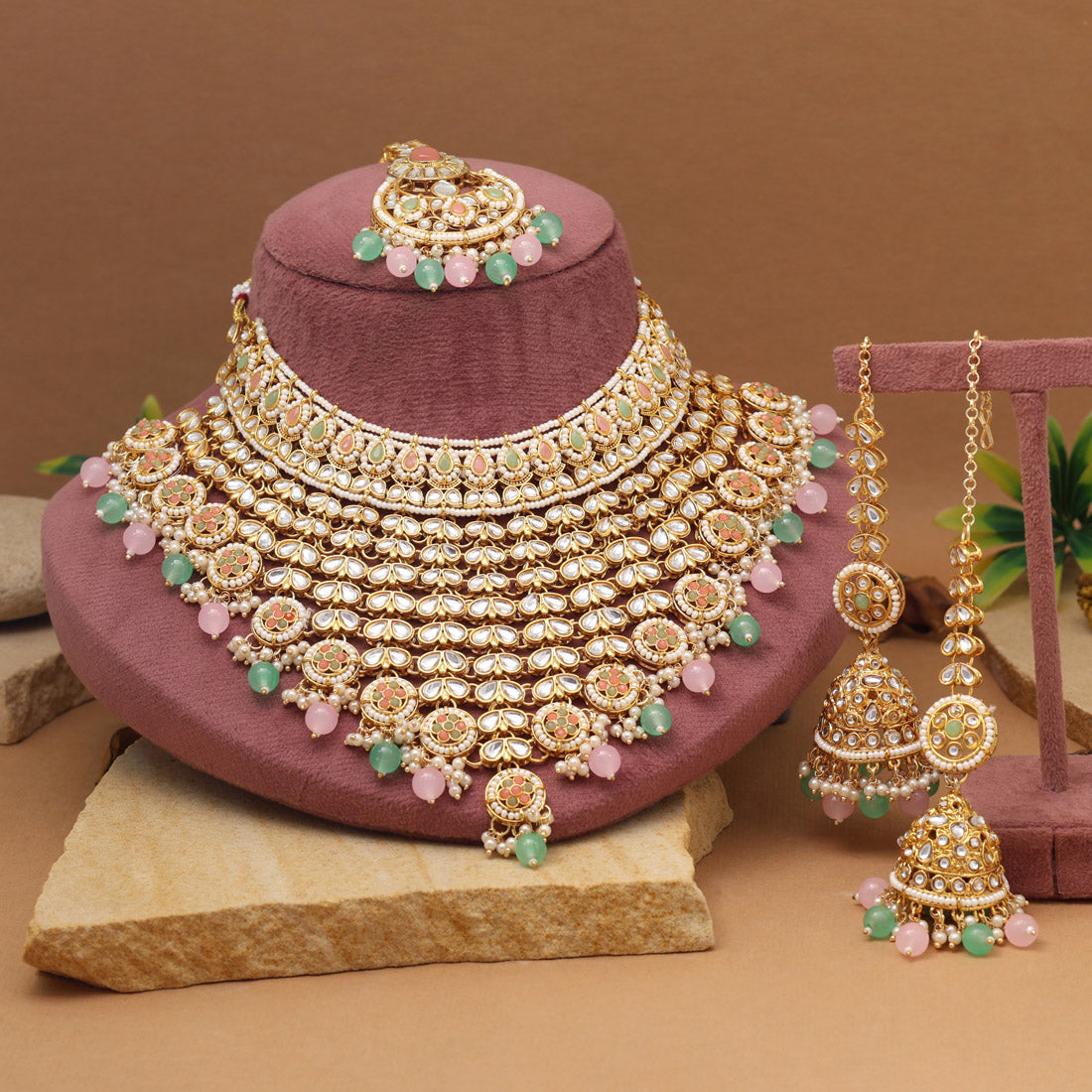Elegant Pink & Pista Green Color Kundan Necklace Set