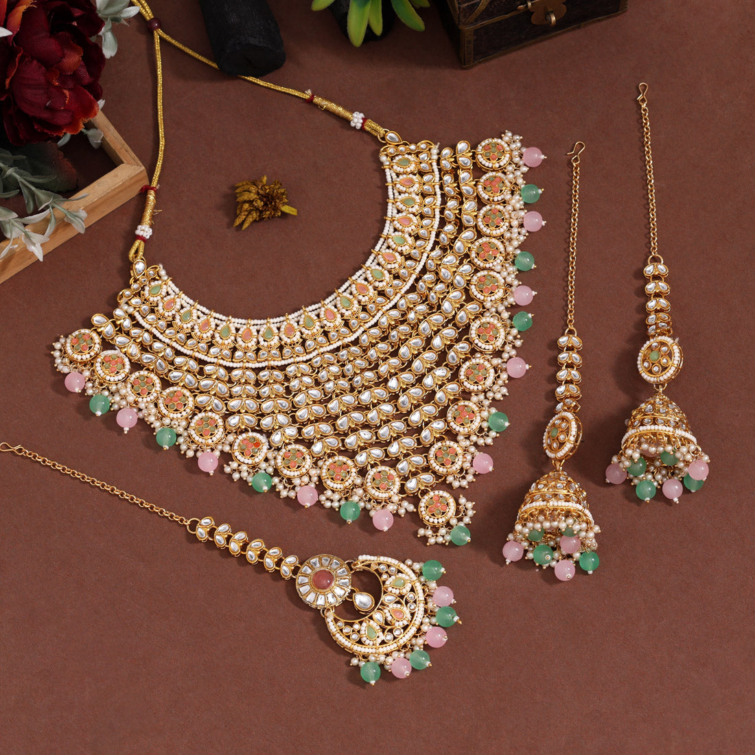 Elegant Pink & Pista Green Color Kundan Necklace Set