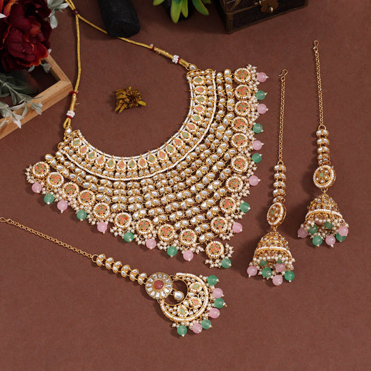 Elegant Pink & Pista Green Color Kundan Necklace Set