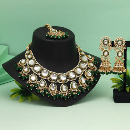 Green Color Kundan Necklace Set With Graceful Festive Look Design