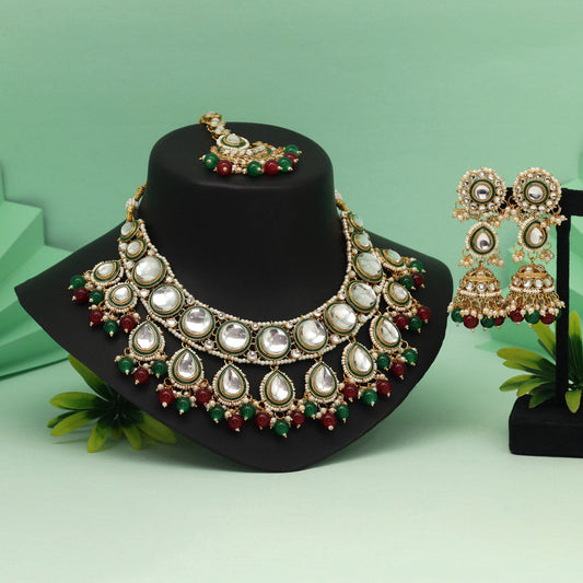 Maroon & Green Color Kundan Necklace Set For A Royal Ethnic Look