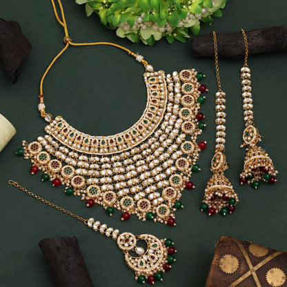 Maroon & Green Color Kundan Necklace Set Crafted For Wedding Functions