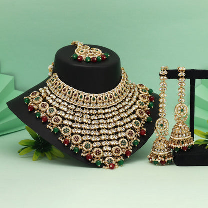 Maroon & Green Color Kundan Necklace Set Crafted For Wedding Functions