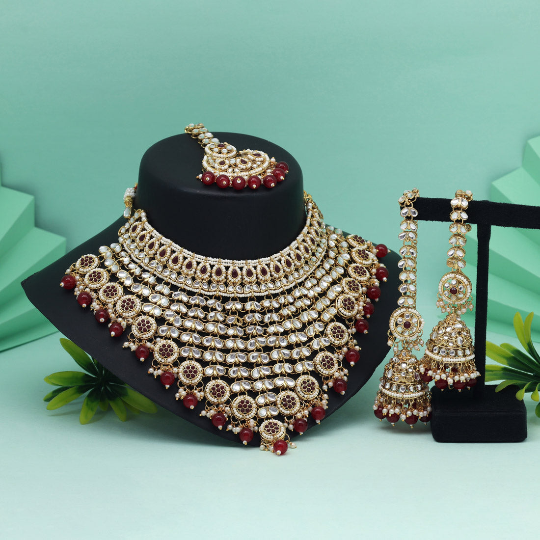 Maroon Color Kundan Necklace Set With Designer Traditional Jewelry Look