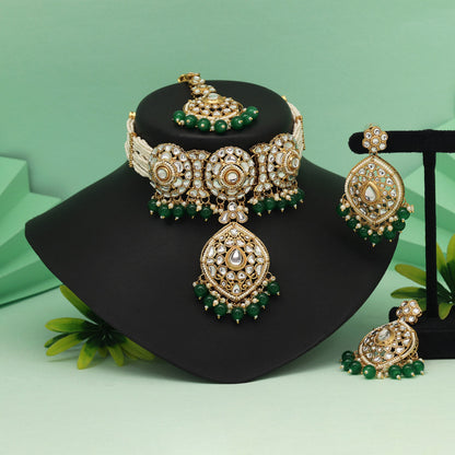 Green Color Choker Kundan Necklace Set With Traditional Temple Jewelry Feel