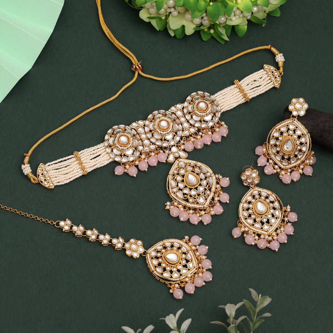 Pink Color Choker Kundan Necklace Set With Pearl Bead Droplets