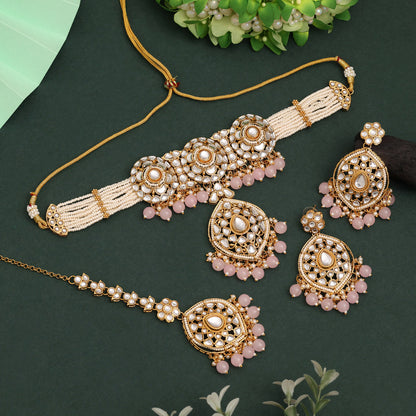 Pink Color Choker Kundan Necklace Set With Pearl Bead Droplets