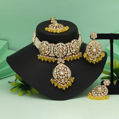 Yellow Color Choker Kundan Necklace Set For Haldi And Festive Looks