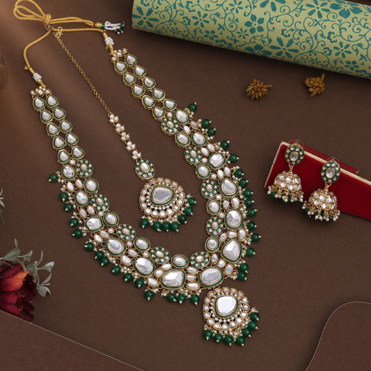Green Color Meena Work Kundan Necklace Set With Handcrafted Design Work