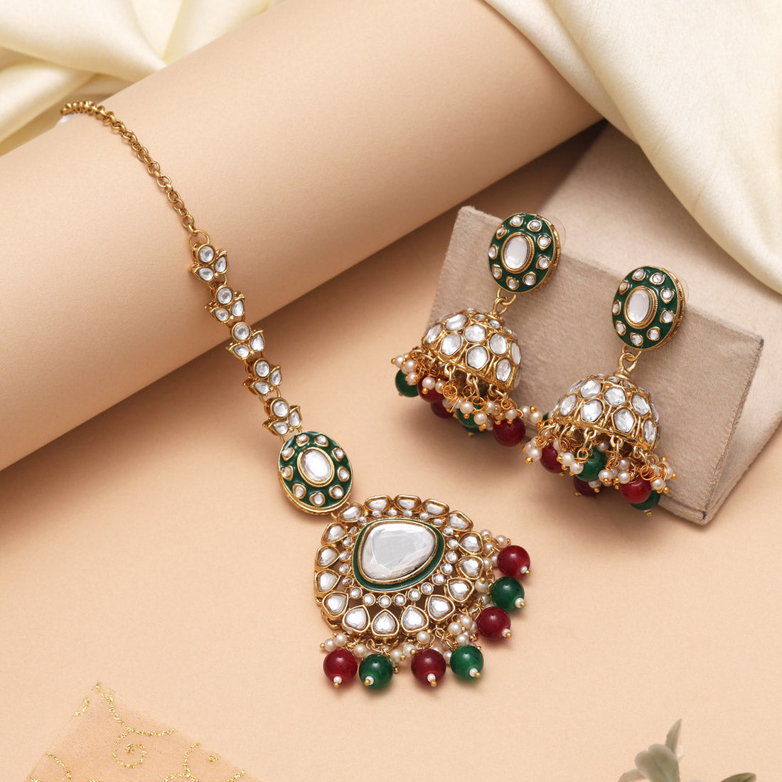 Maroon & Green Color Meena Work Kundan Necklace Set For Grand Look