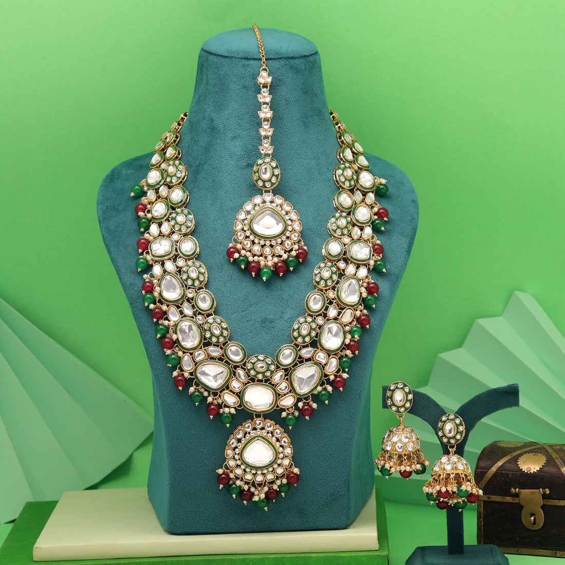 Maroon & Green Color Meena Work Kundan Necklace Set For Grand Look