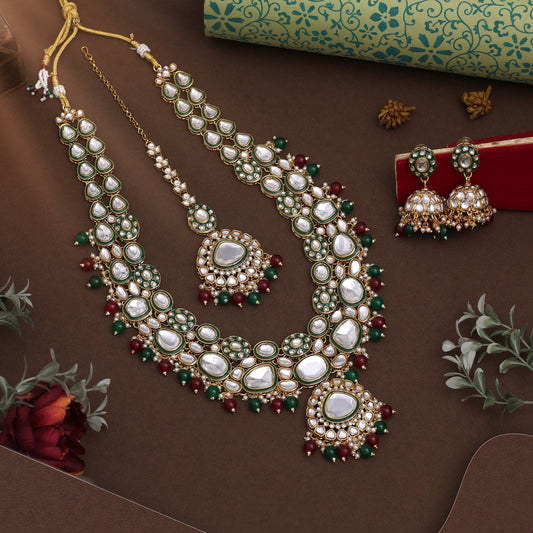 Maroon & Green Color Meena Work Kundan Necklace Set For Grand Look
