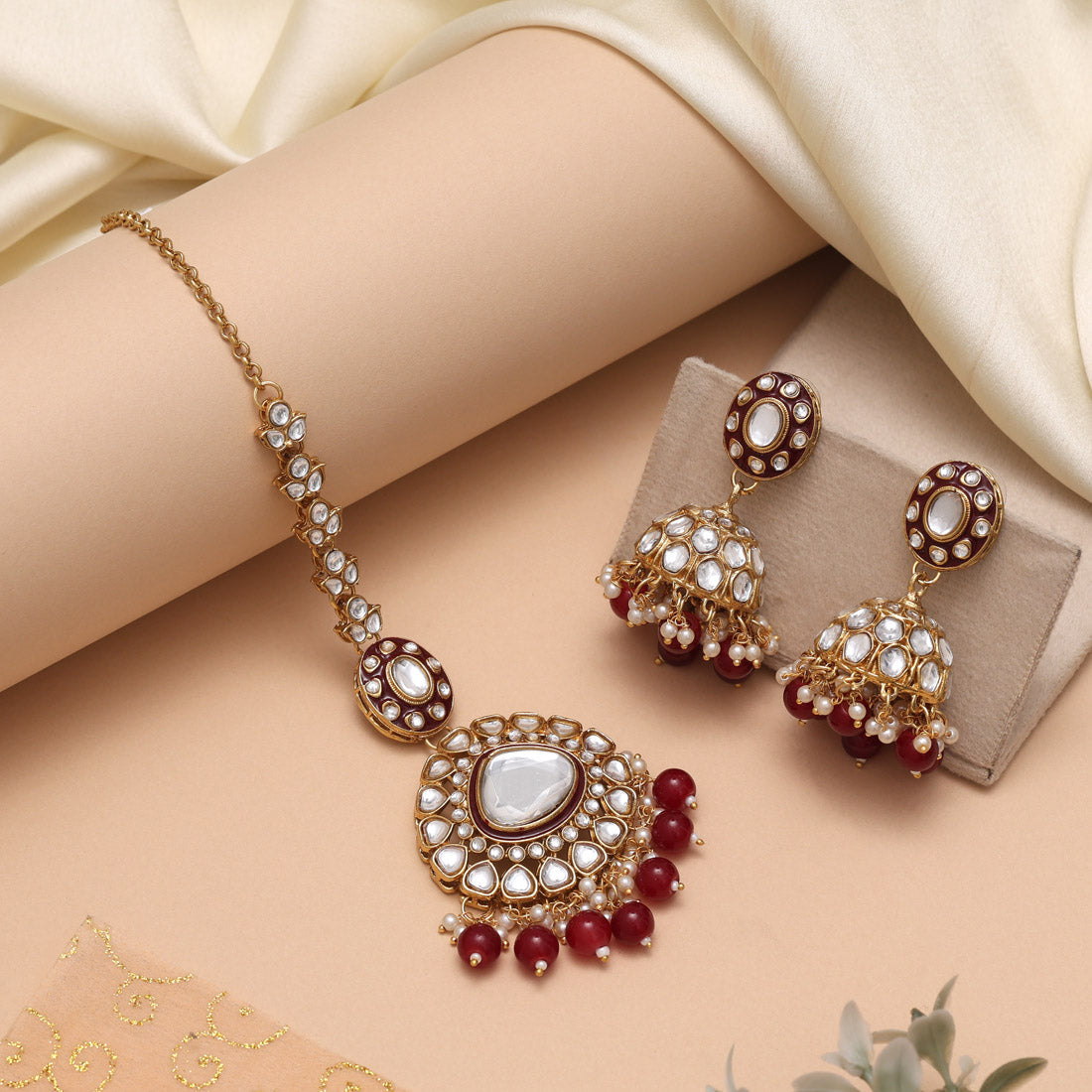 Maroon Color Meena Work Kundan Necklace Set For Grand Indian Weddings