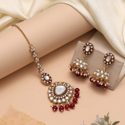 Maroon Color Meena Work Kundan Necklace Set For Grand Indian Weddings
