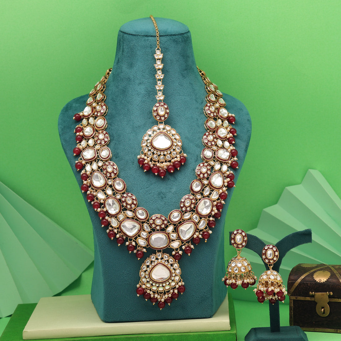 Maroon Color Meena Work Kundan Necklace Set For Grand Indian Weddings