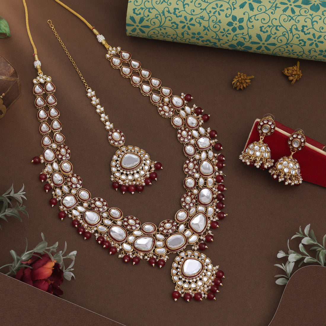 Maroon Color Meena Work Kundan Necklace Set For Grand Indian Weddings