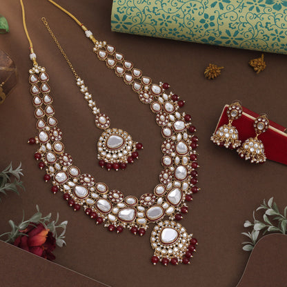 Maroon Color Meena Work Kundan Necklace Set For Grand Indian Weddings