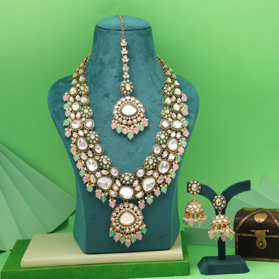 Pink & Pista Green Color Meena Work Kundan Necklace Set For Festivities