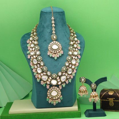 Pink & Pista Green Color Meena Work Kundan Necklace Set For Festivities