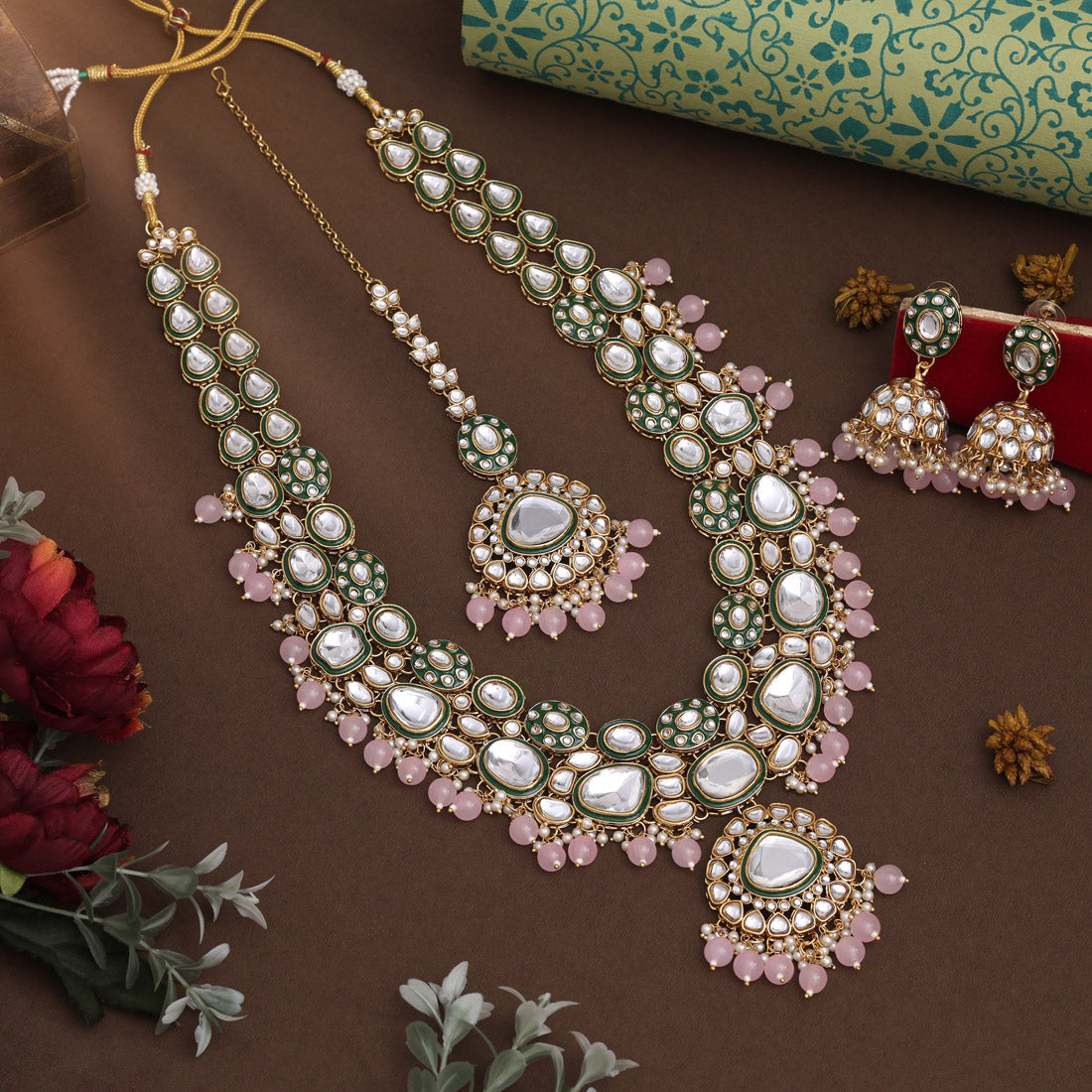 Pink Color Meena Work Kundan Necklace Set With Intricate Floral Details