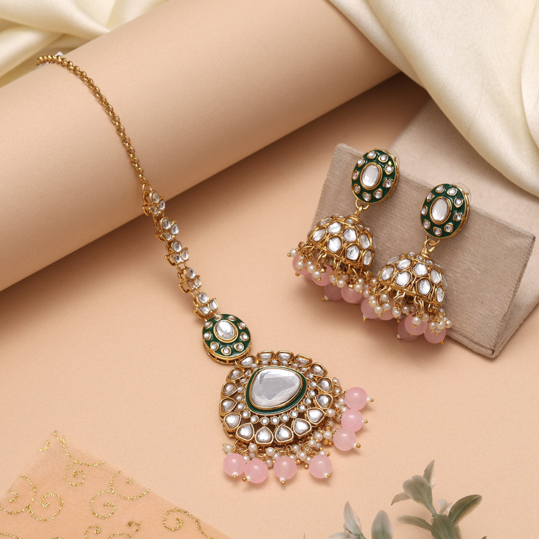 Pink Color Meena Work Kundan Necklace Set With Intricate Floral Details