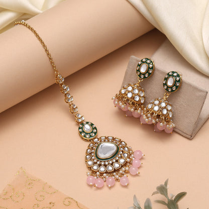 Pink Color Meena Work Kundan Necklace Set With Intricate Floral Details