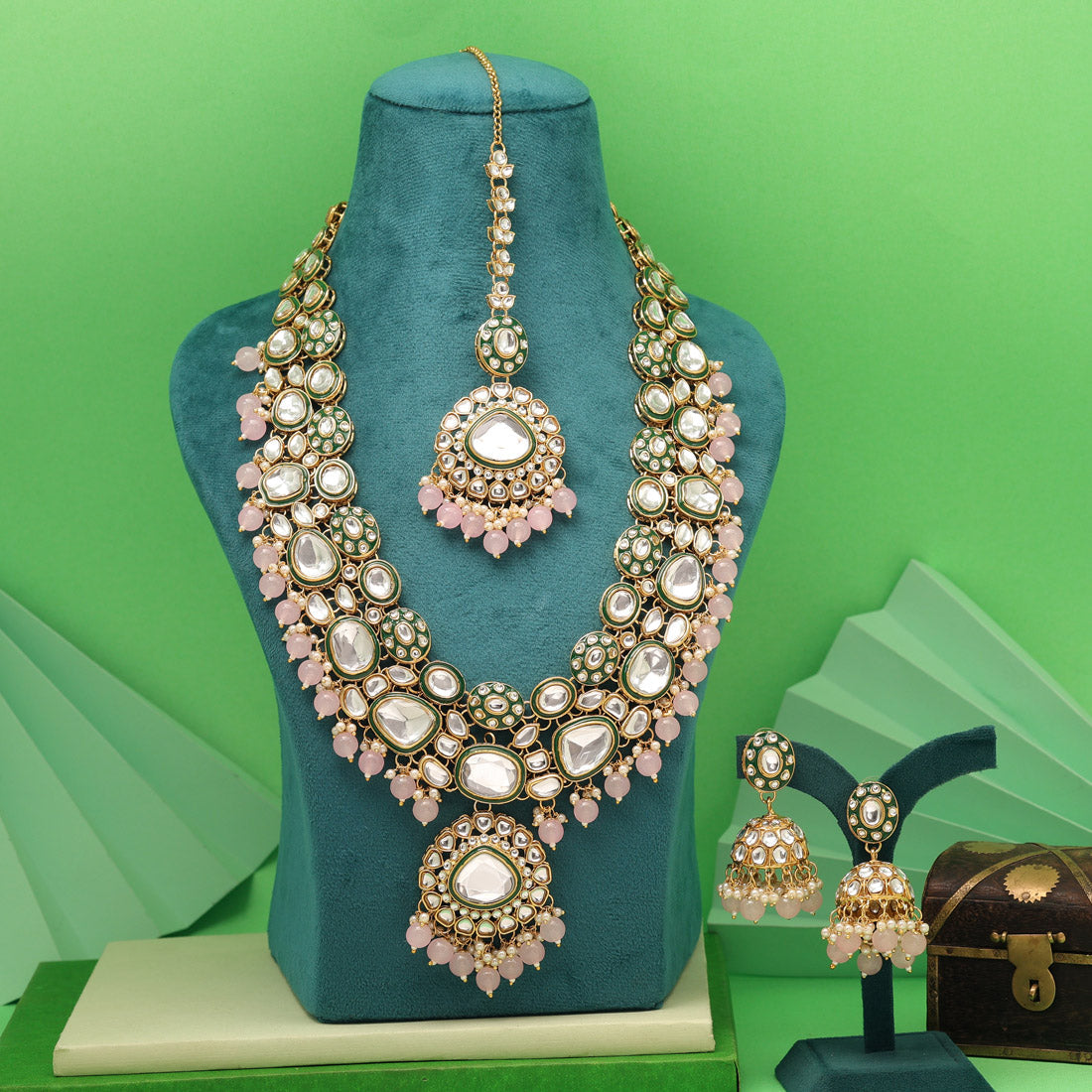 Pink Color Meena Work Kundan Necklace Set With Intricate Floral Details