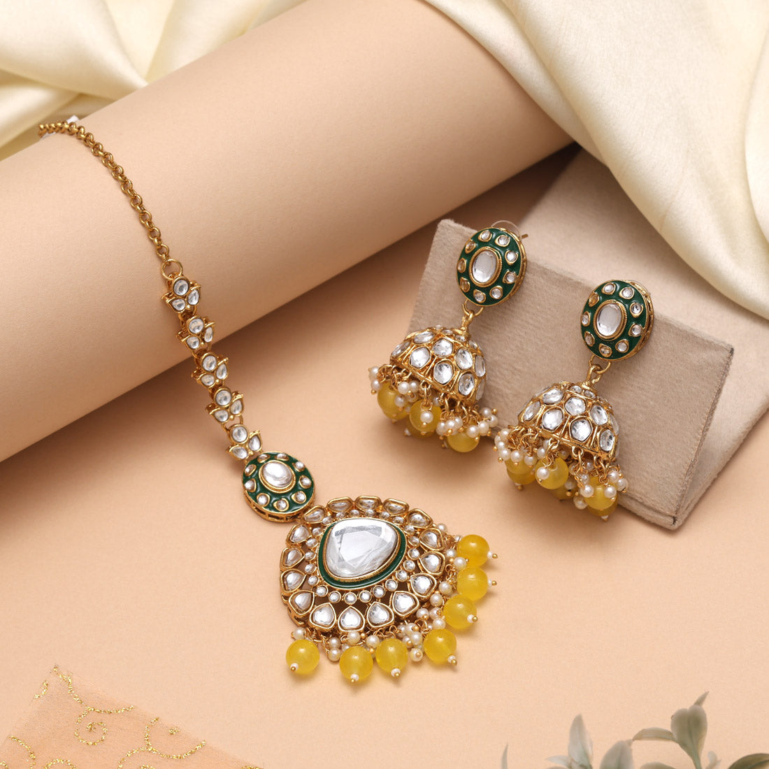 Yellow Color Meena Work Kundan Necklace Set With Bright Glossy Finish