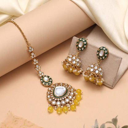 Yellow Color Meena Work Kundan Necklace Set With Bright Glossy Finish