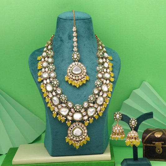 Yellow Color Meena Work Kundan Necklace Set With Bright Glossy Finish