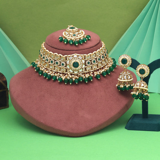 Green Color Choker Kundan Necklace Set For Modern Ethnic Wear Lovers