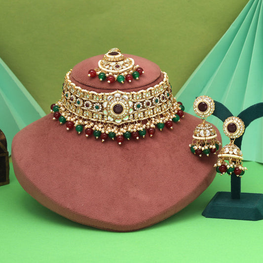 Maroon & Green Color Choker Kundan Necklace Set With Royal Fusion Style