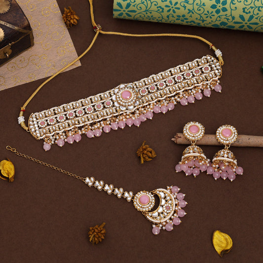Pink Color Choker Kundan Necklace Set With Vibrant Rajasthani Design Touch