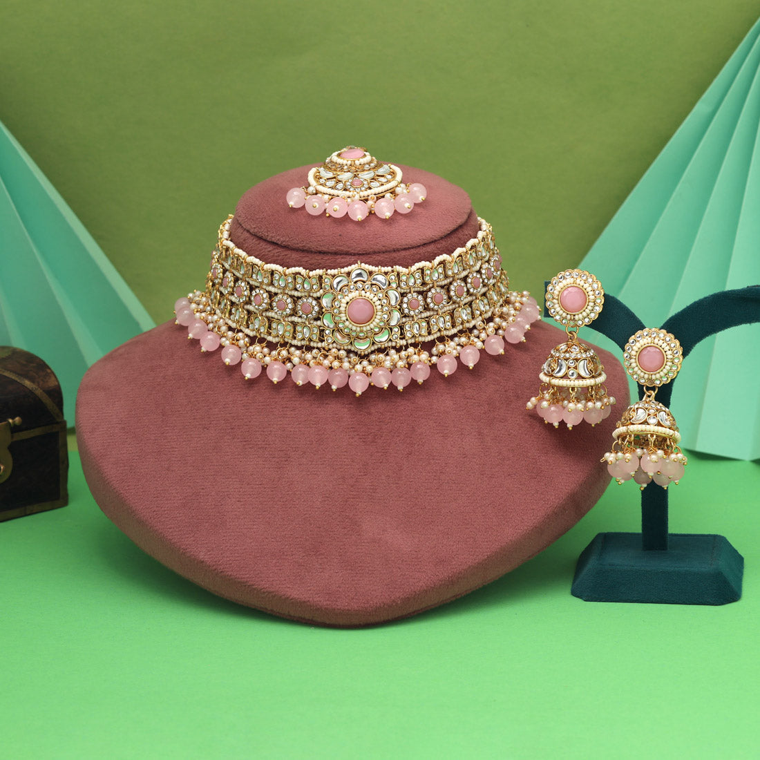 Pink Color Choker Kundan Necklace Set With Vibrant Rajasthani Design Touch