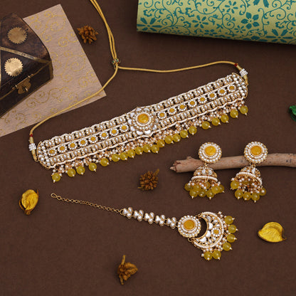 Yellow Color Choker Kundan Necklace Set Designed For Traditional Look