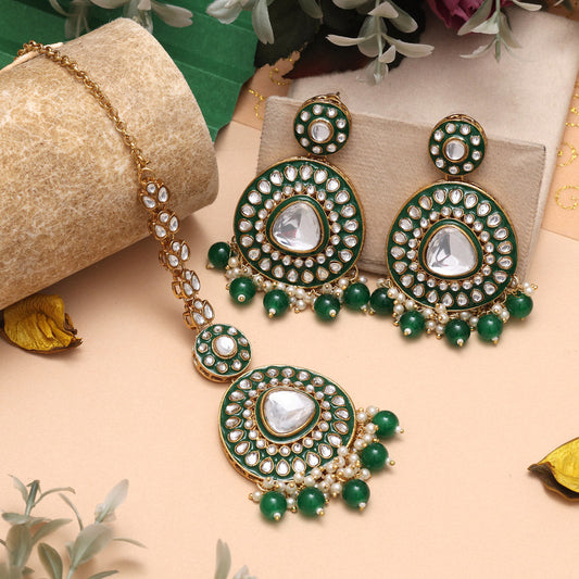 Green Color Meena Work Kundan Necklace Set For Graceful Day Events