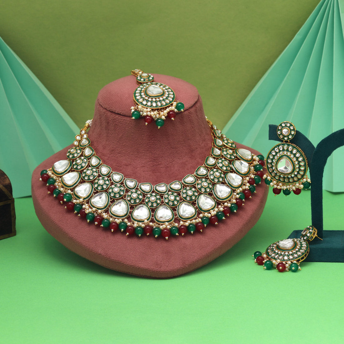 Maroon & Green Color Meena Work Kundan Necklace Set With Dual Elegance